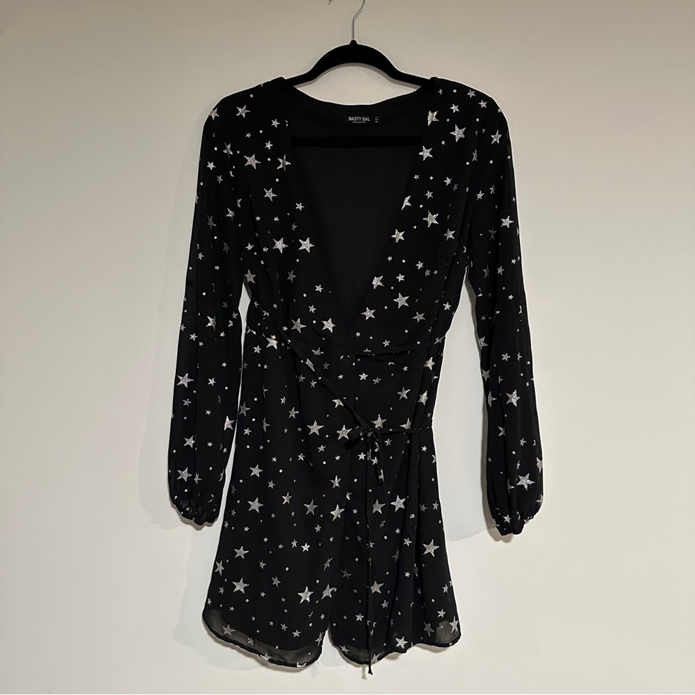 Nasty Gal Black Starry Long Sleeve Wrap Dress size 4/6
